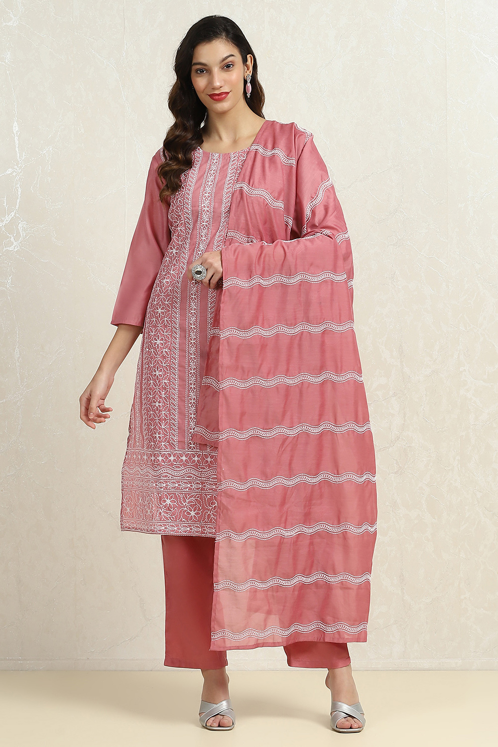 Pink Chanderi Machine Embroidered Unstitched Suit Set image number 1