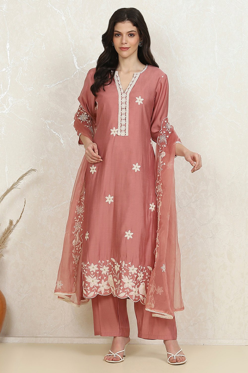 Peach-Pink Modal Machine Embroidered Unstitched Suit Set image number 1