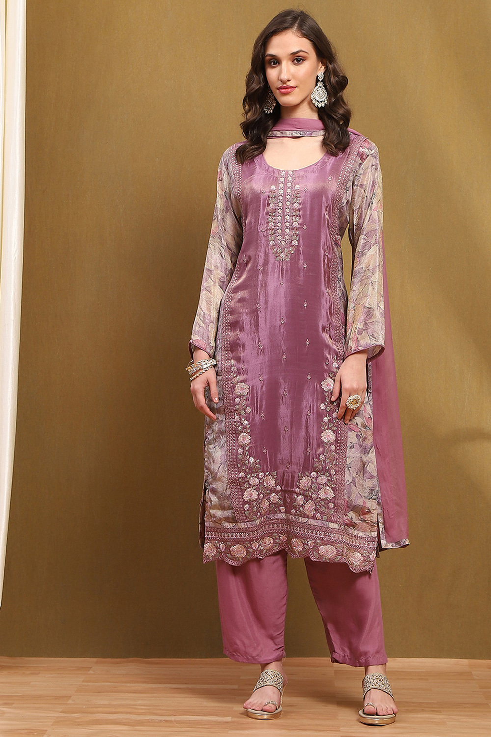 Purple Viscose Blend Printed Unstitched Suit Set image number 1