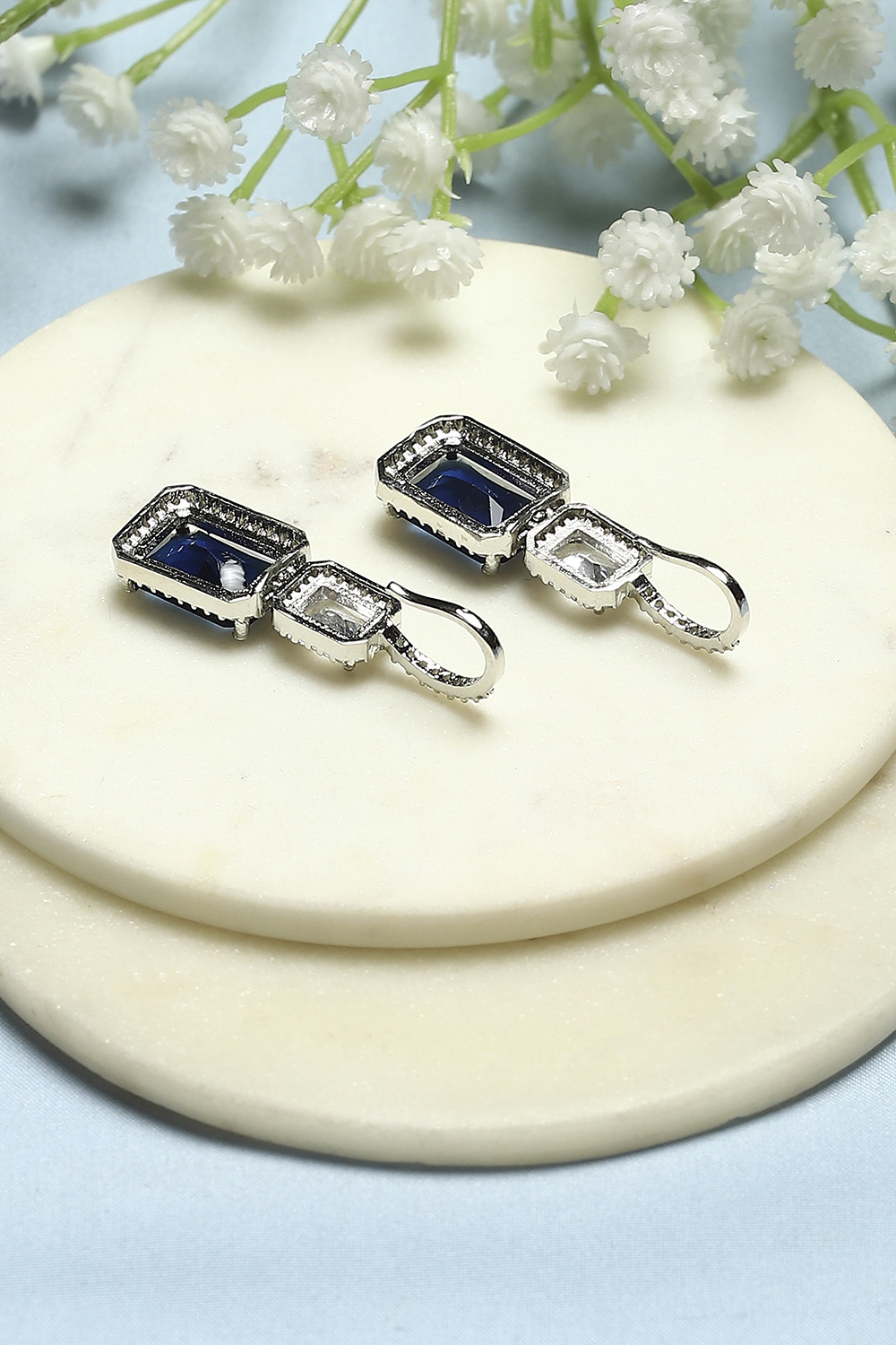 Blue Silver-Plated CZ Studded Geometric Danglers image number 2