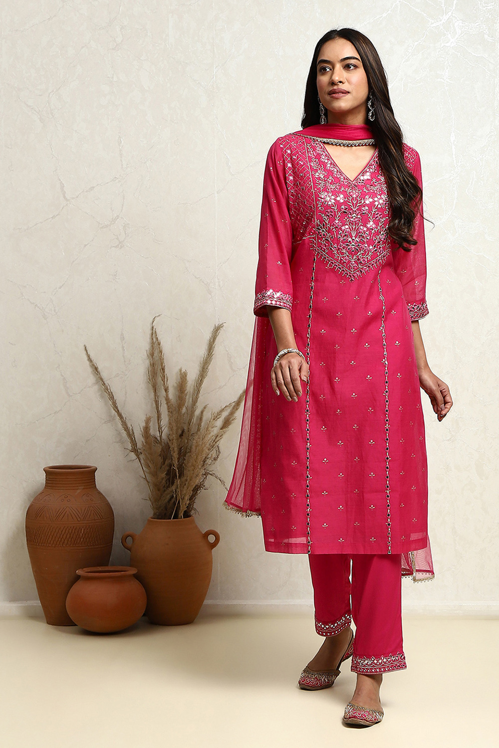 Fuchsia Poly Chanderi Embroidered Festive Straight Suit Set image number 0