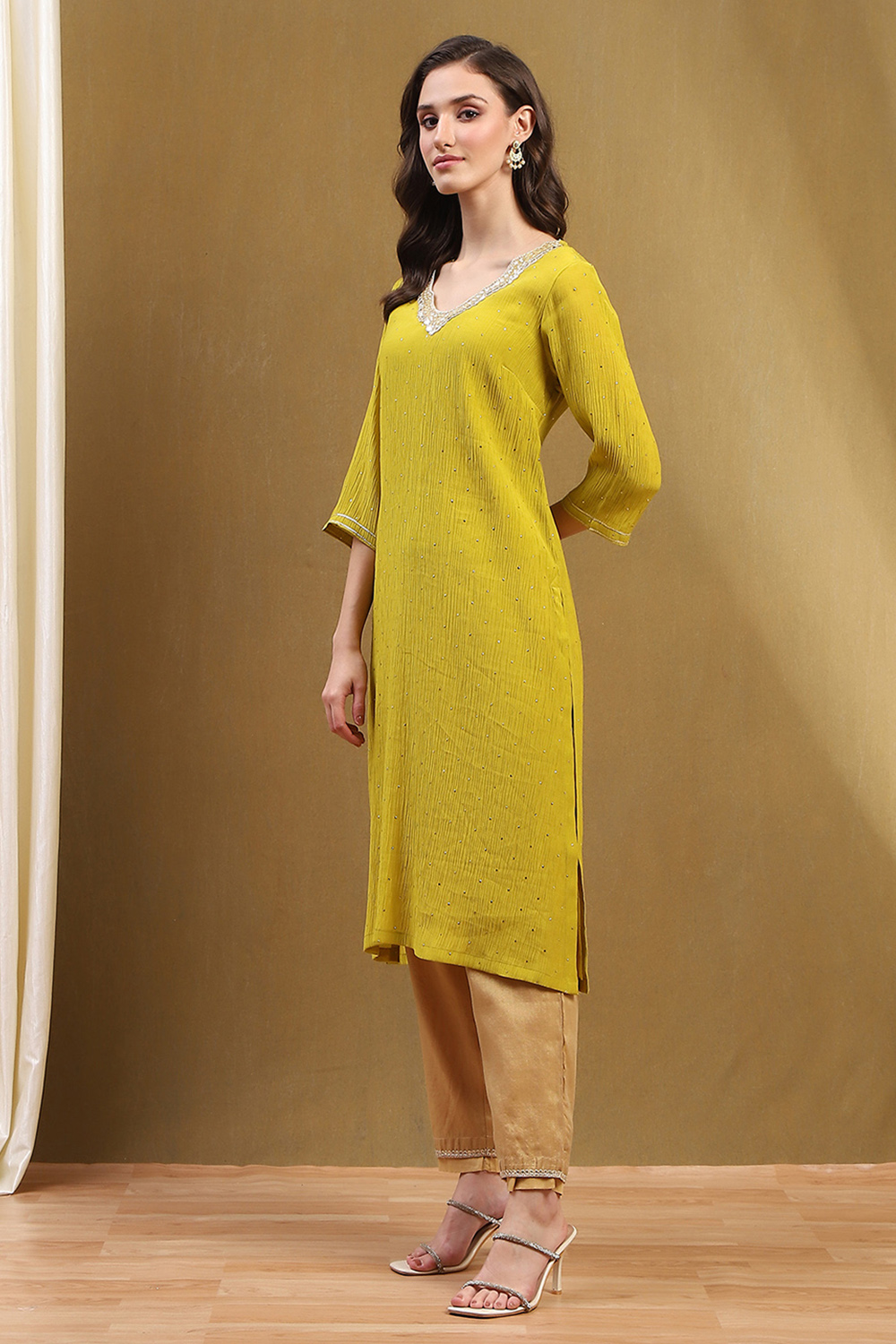 Mustard Yellow Viscose Blend Straight Festive Kurta image number 2