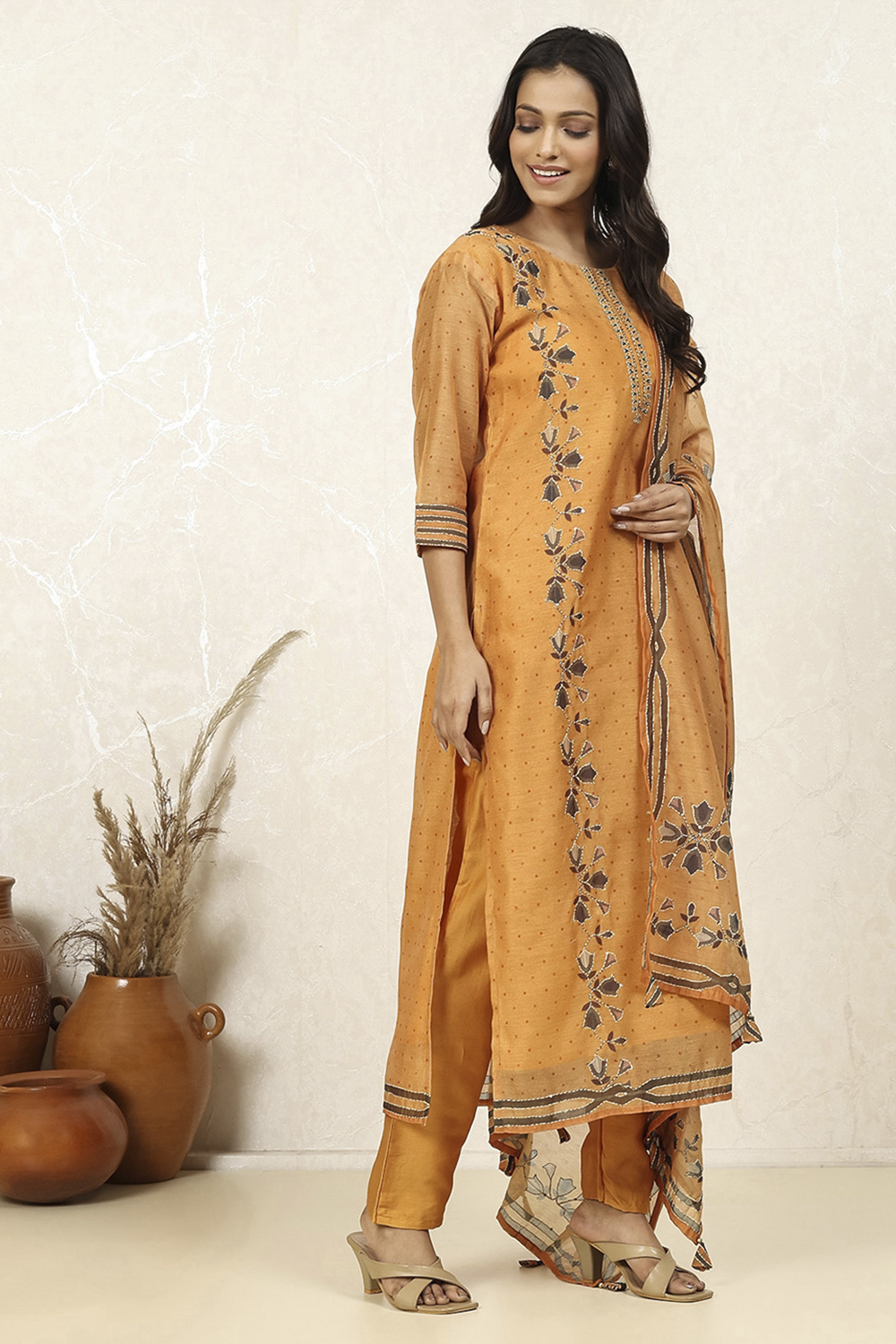 Yellow Chanderi Printed  Embroidered Unstitched Suit Set image number 6