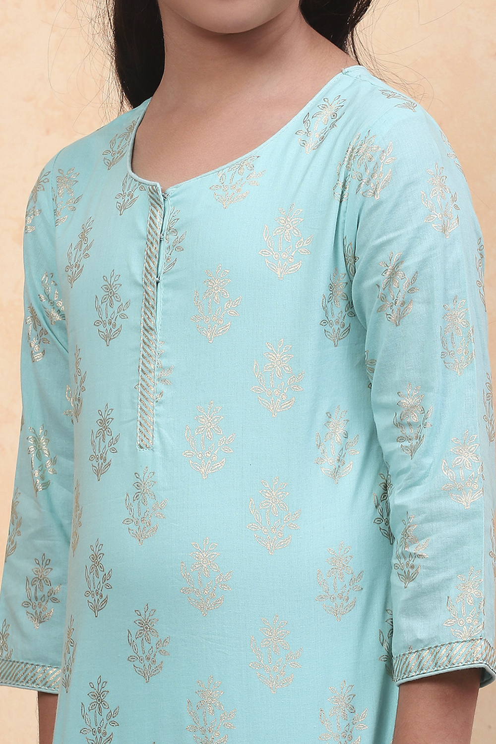 Turquoise Cotton Straight Printed Kurta Patiala Salwar Suit Set image number 1