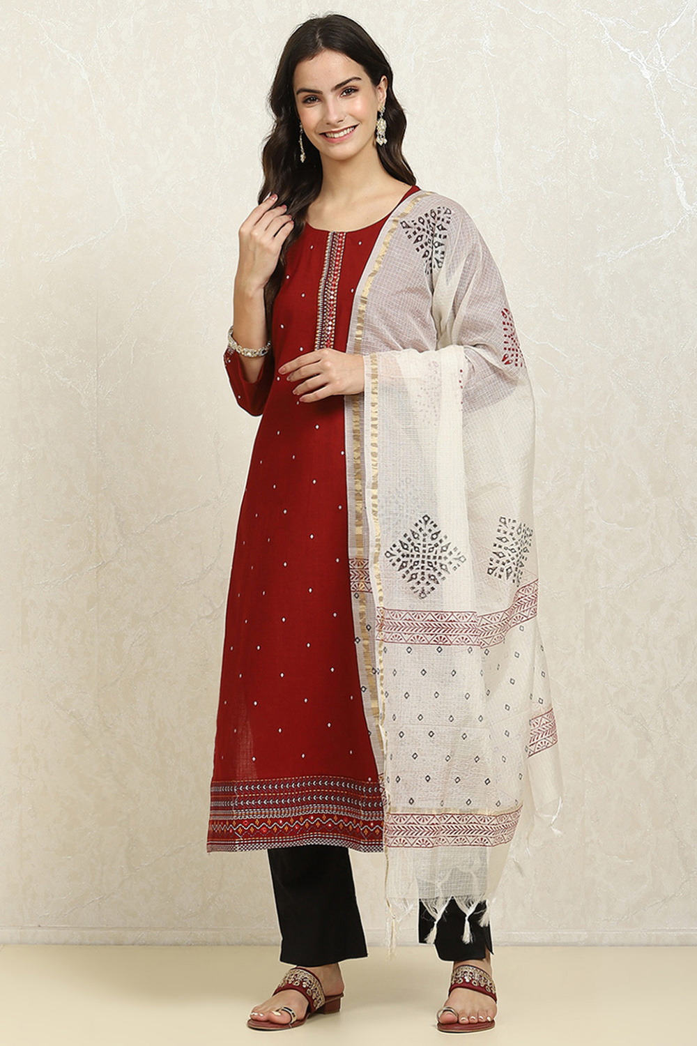 Red Cotton Handloom Unstitched Suit Set image number 1