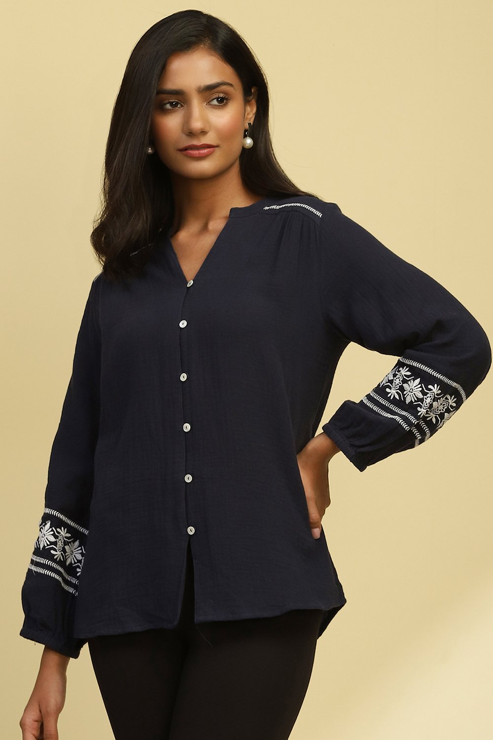 Navy Blue Cotton Solid Straight Top image number 5