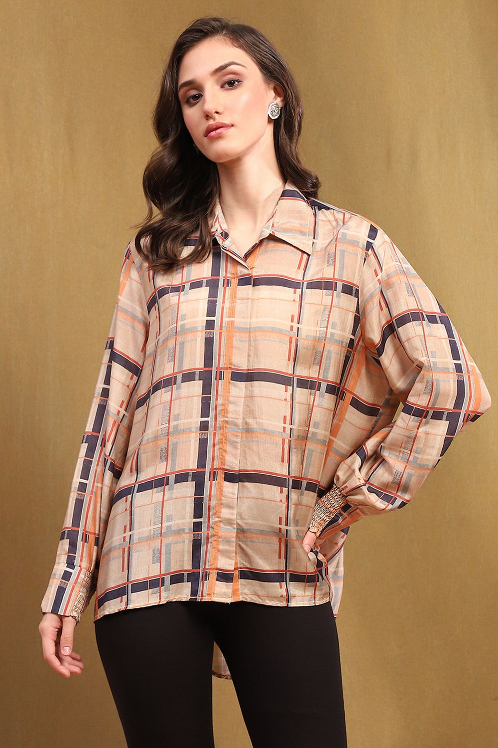 Beige Viscose Blend Checked Shirt-Style Kurti image number 5