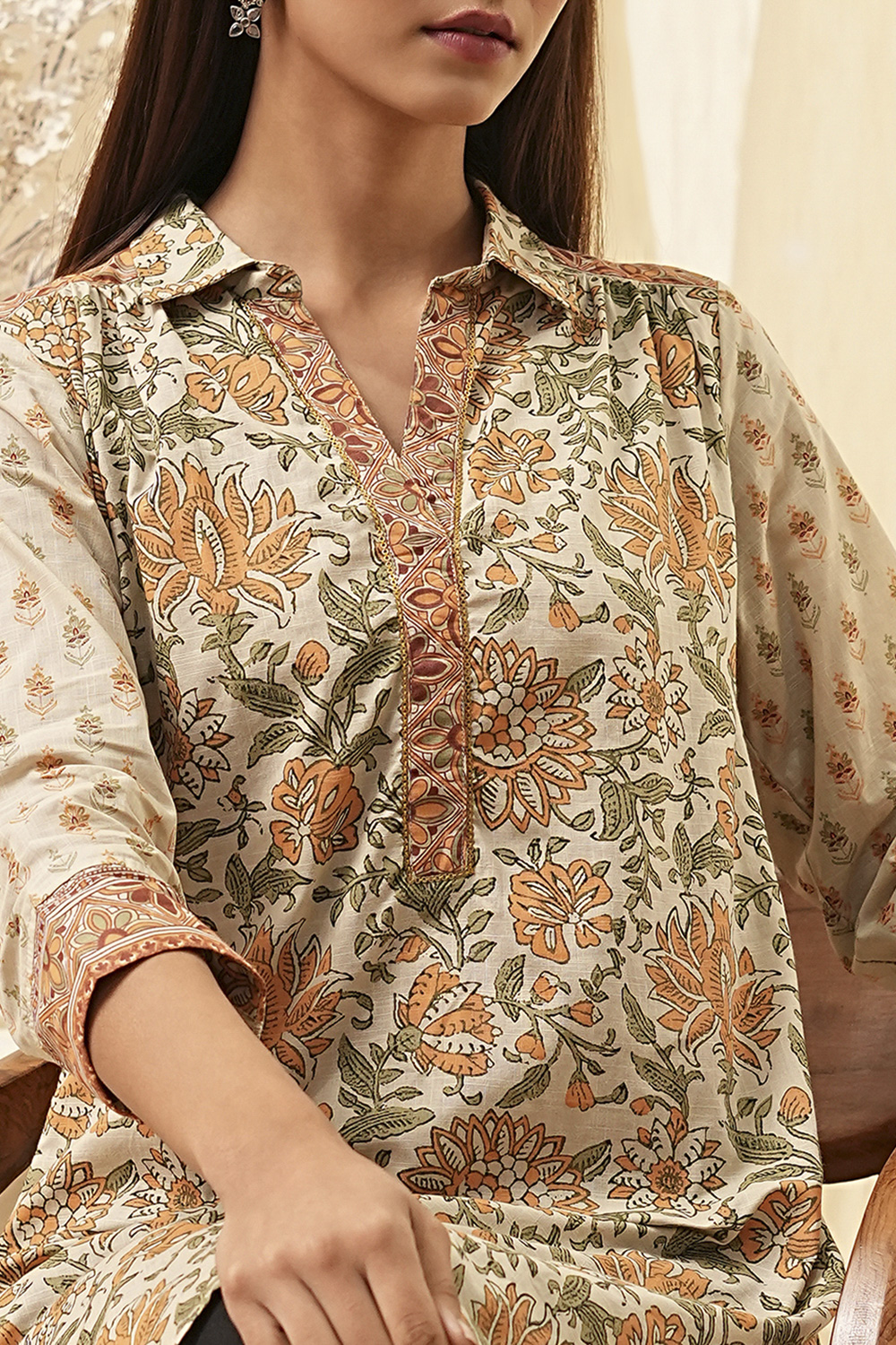 Honey Beige Cotton Printed Shirt image number 1