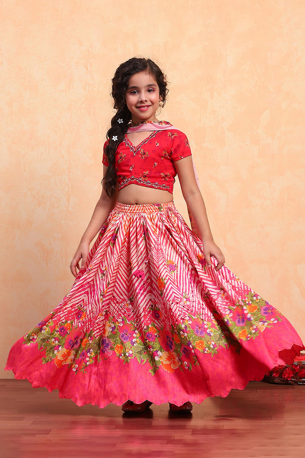 Coral Polyester Blend Short Straight Lehenga Set image number 0