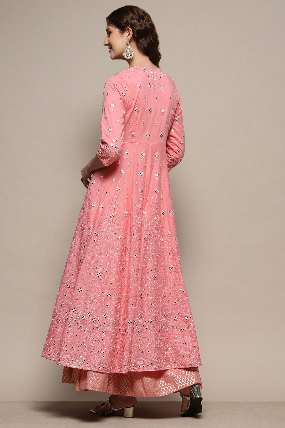 Pink Cotton Mirror work Anarkali Lehenga Set image number 5