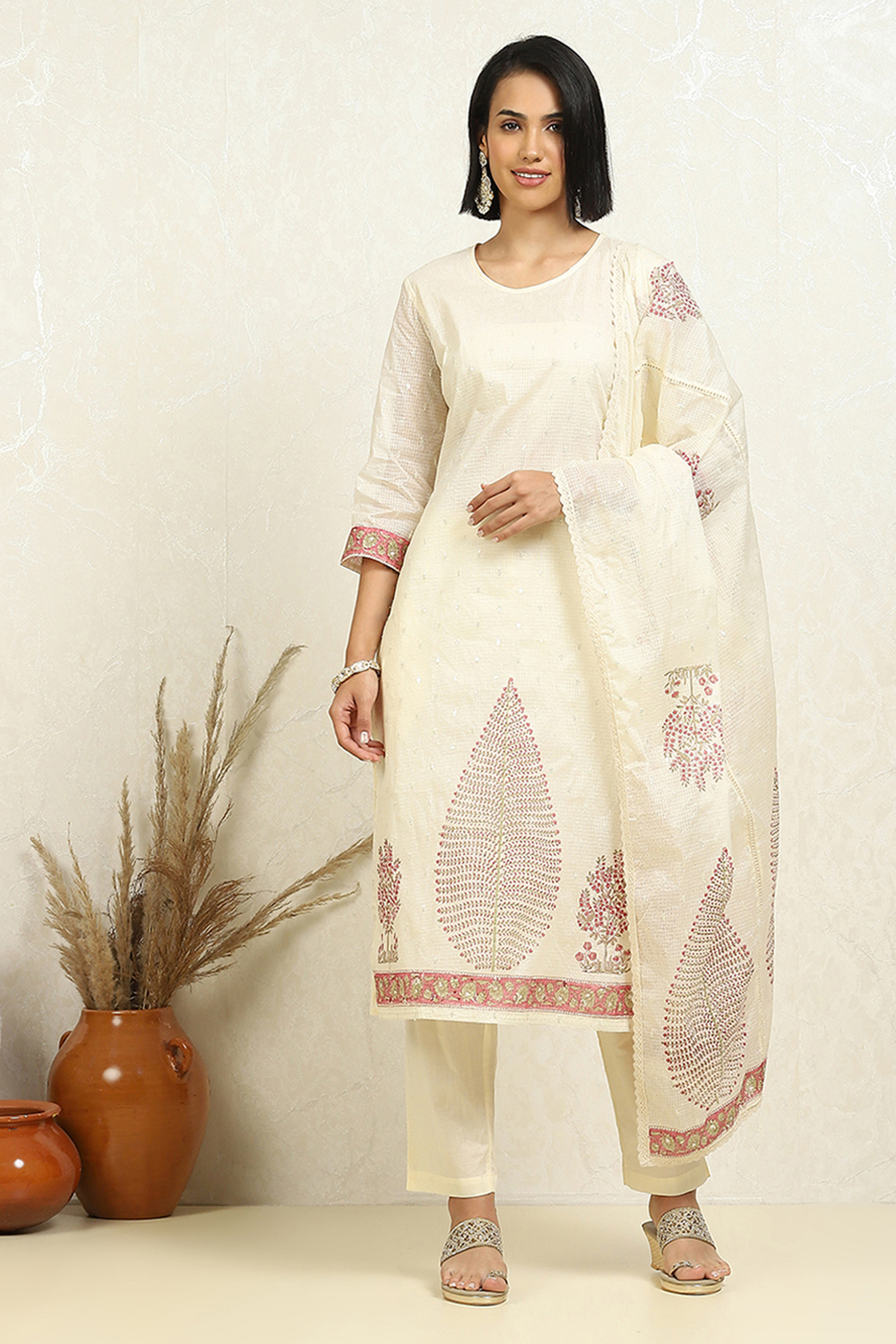 White Cotton Blend Hand Block Print Unstitched Suit Set image number 1