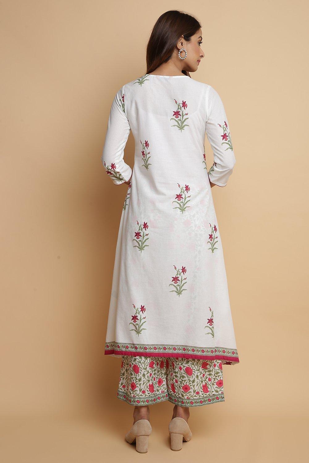 White Cotton A-Line Kurta Palazzo Suit Set image number 4