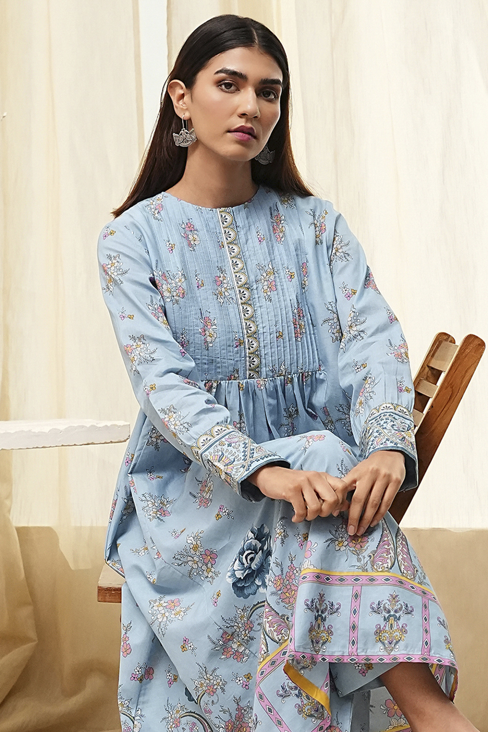 Dull Blue Cotton Flared Printed Fusion Set image number 7