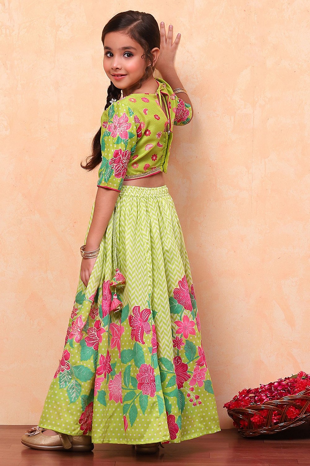 Lime Green Poly Chanderi Blouse Lehenga Set image number 4