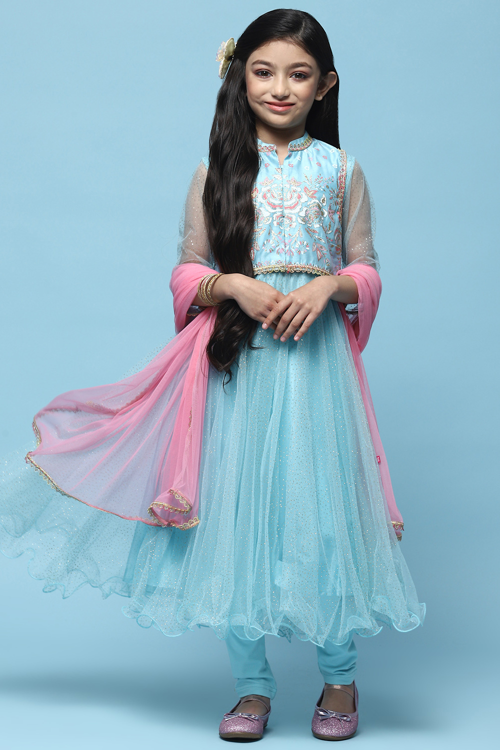 Sky Blue Anarkali Suit With Khadi Print Chanderi Jacket  image number 7