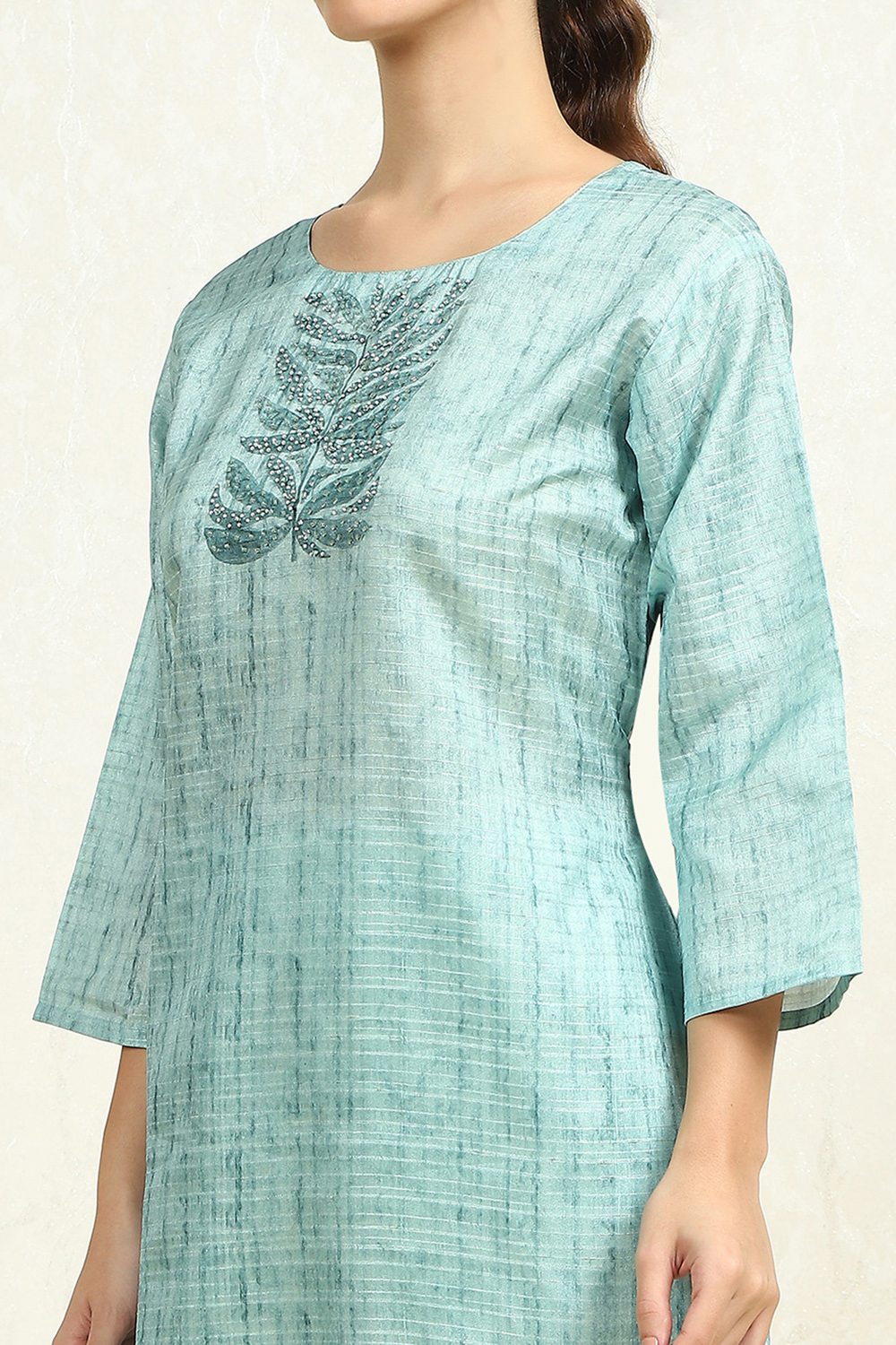 Teal Tussar Printed Unstitched Suit Set image number 6