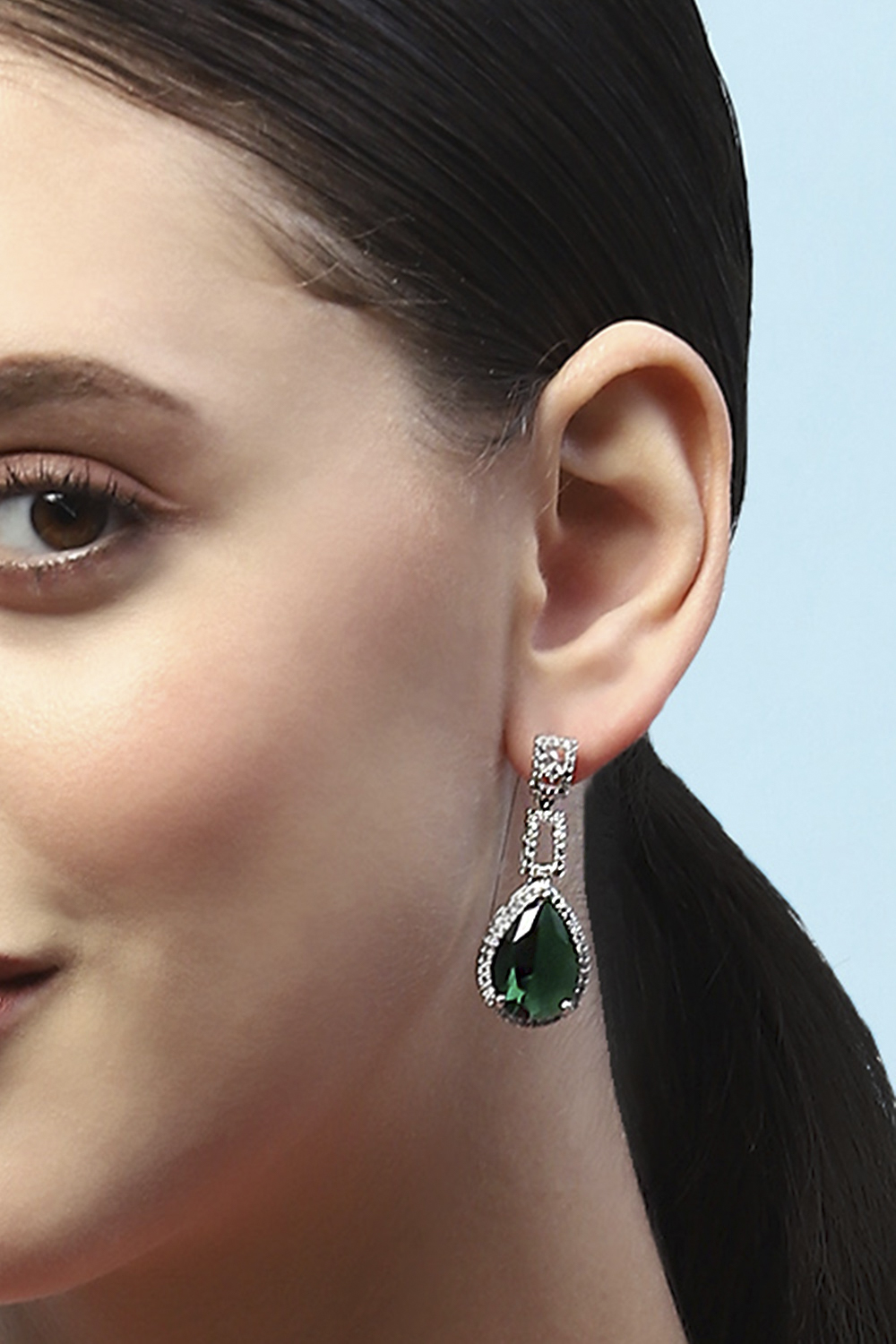 Green Silver-Plated CZ Studded Tear Drop Danglers image number 3