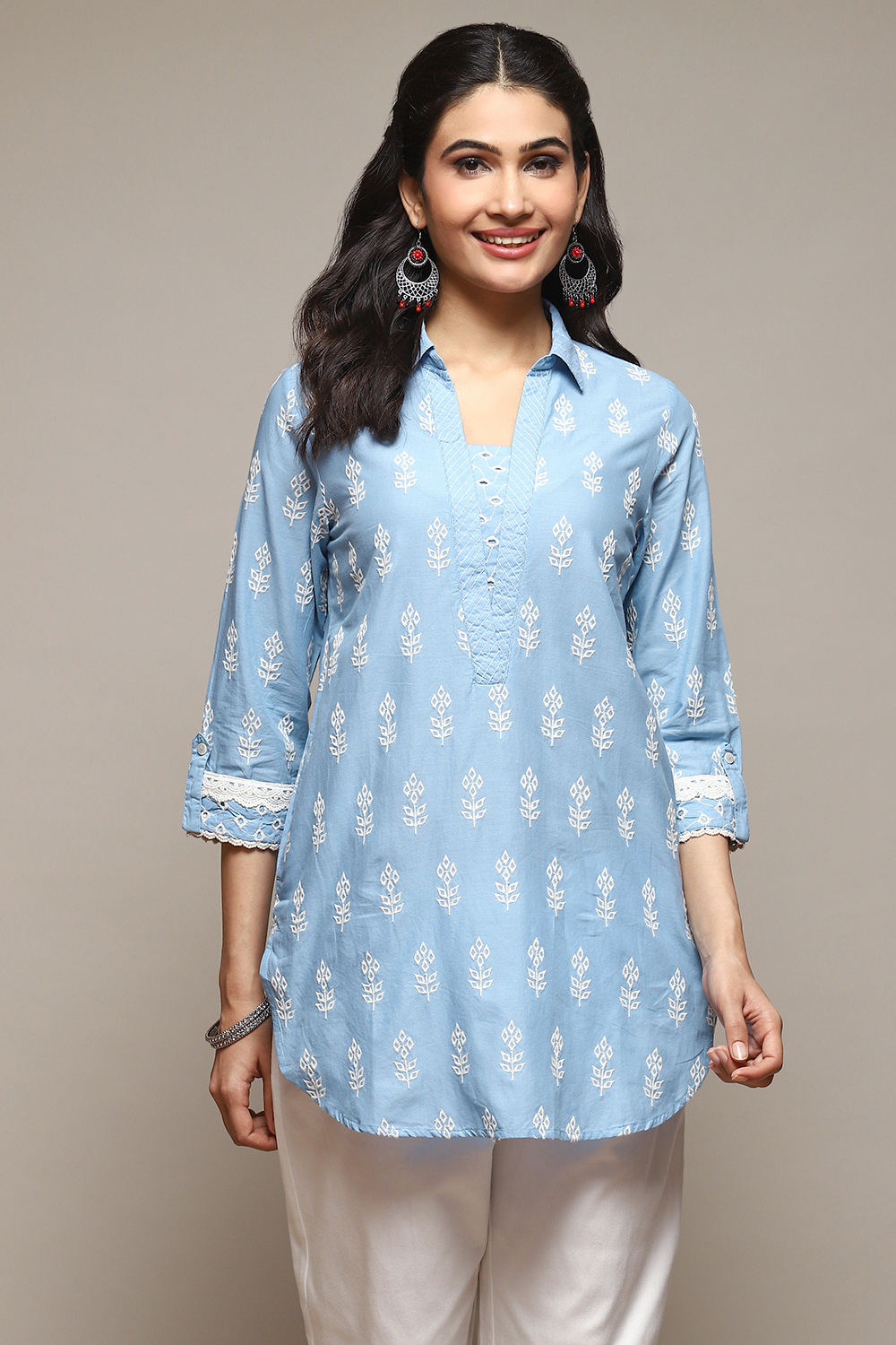 Ice Blue Cotton Embroidered Kurti image number 5