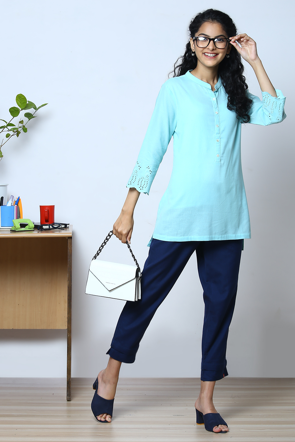 Mint Cotton Flax Short Solid Kurti image number 0