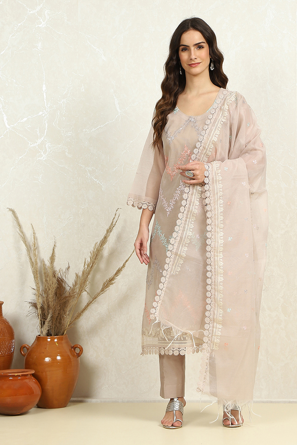 Peach-Coloured Floral Embroidered Unstitched Suit Set image number 1