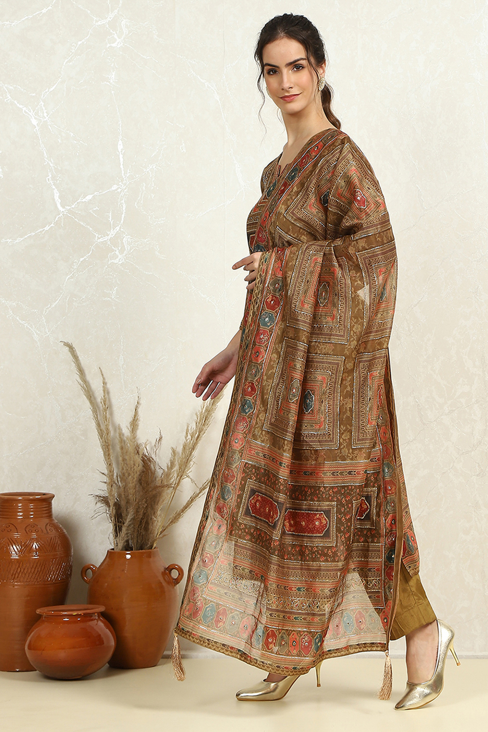 Pink Chanderi Floral Printed Unstitched Suit Set image number 2