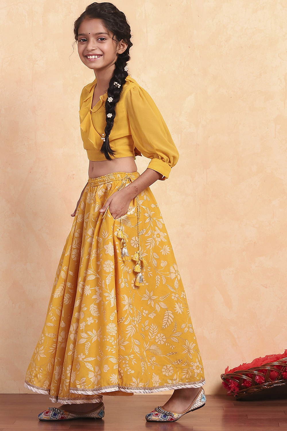 Yellow Polyester Blend Flared Lehenga Set image number 6