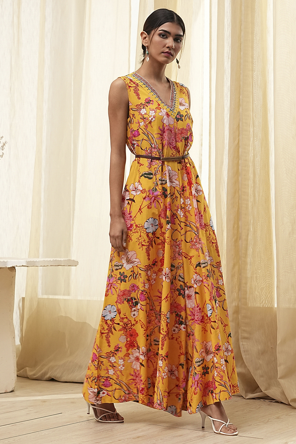 Yellow Cotton Floral Flared Jumpsuit image number 4