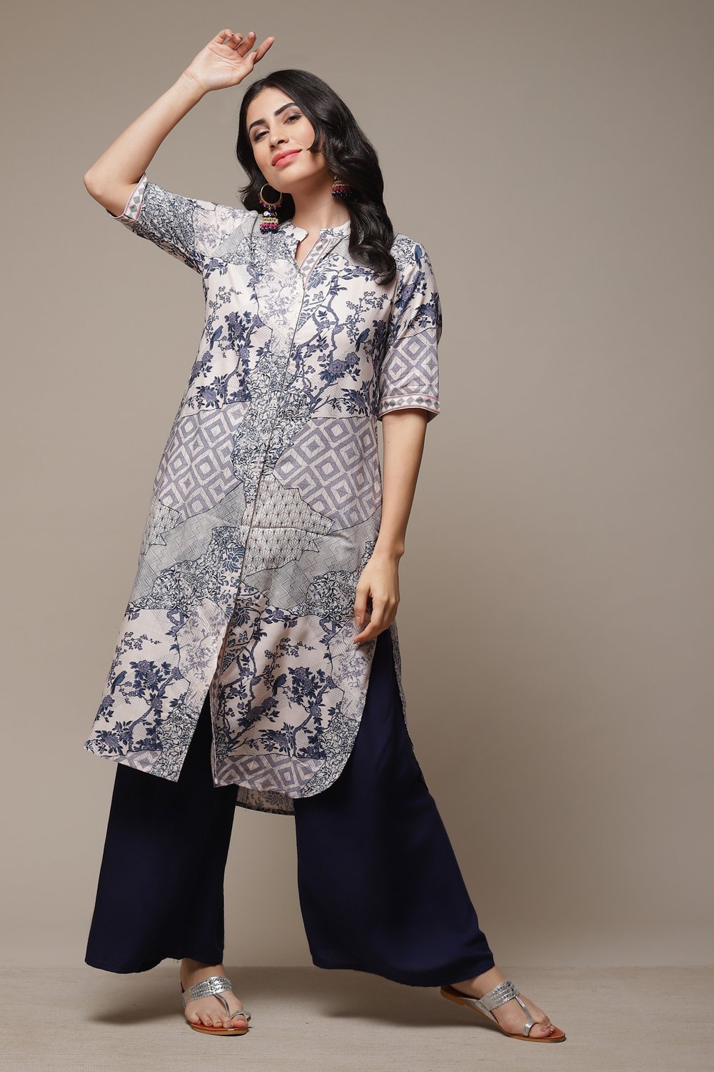 Indigo LIVA Straight Printed Kurta image number 0