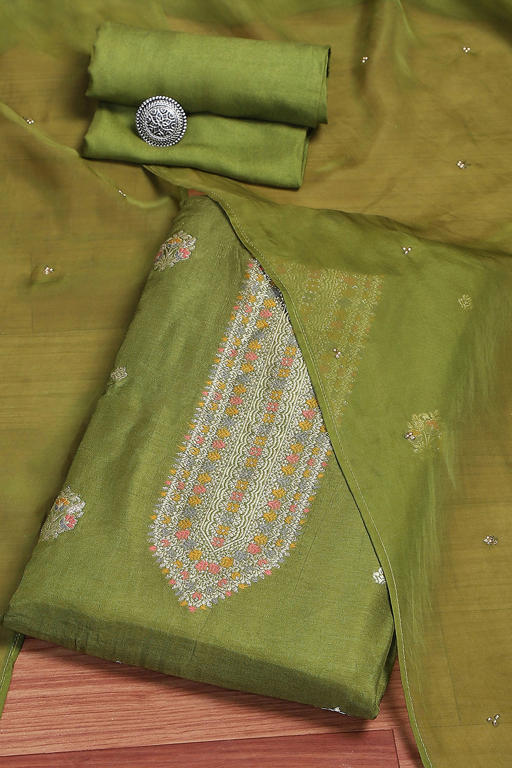 Earthy Green Viscose Silk Woven Unstitched Suit Set image number 0