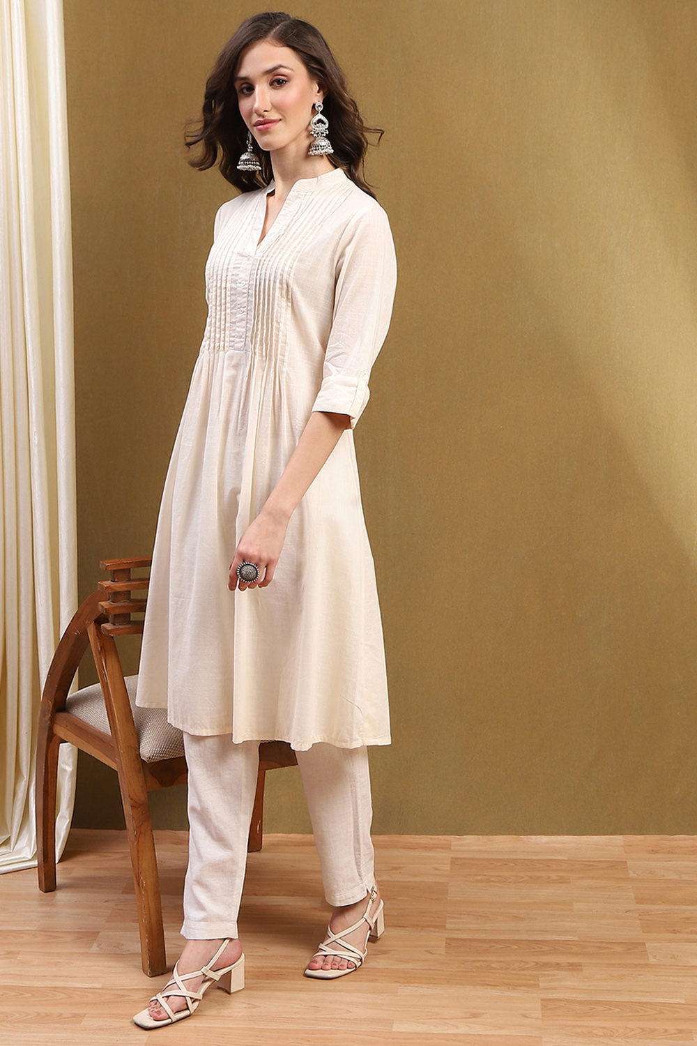 Pink Cotton Solid Pleated A-Line Kurta image number 6