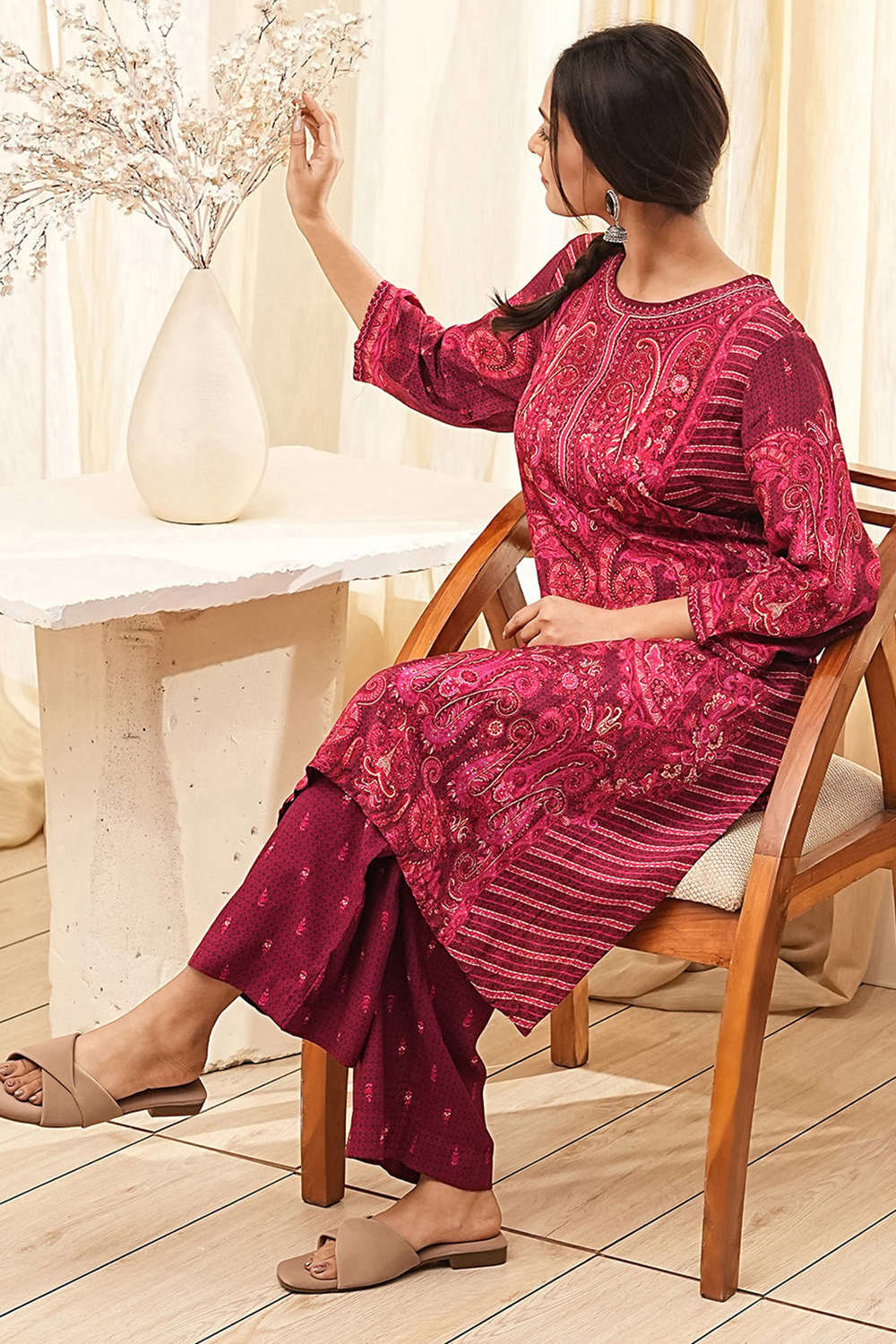 Burgundy Crepe Printed Straight Kurta Set image number 0