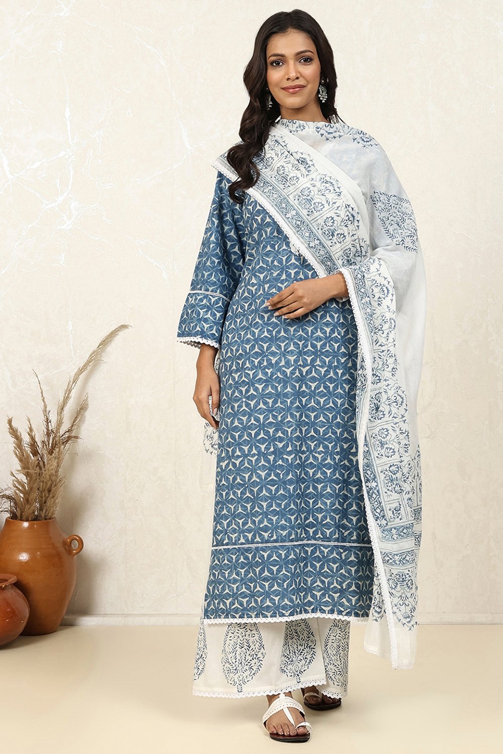 Blue and White Cotton Hand Block Unstitched Suit Set image number 1