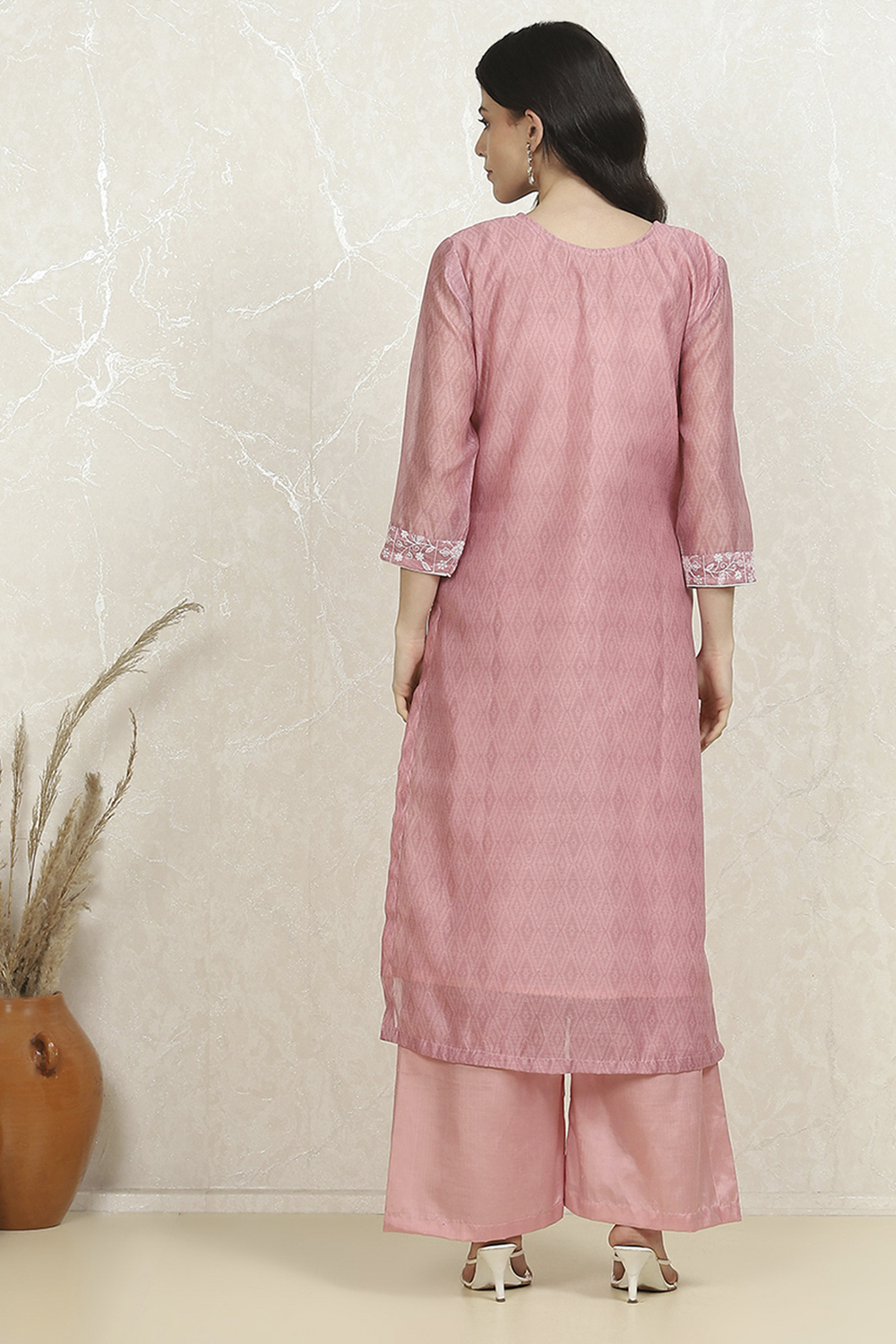 Dusky Pink Chanderi Machine Embroidered Unstitched Suit Set image number 5