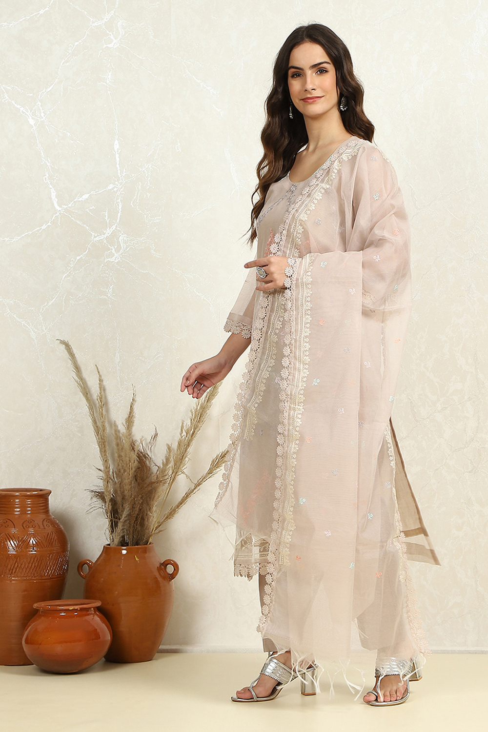 Peach-Coloured Floral Embroidered Unstitched Suit Set image number 2