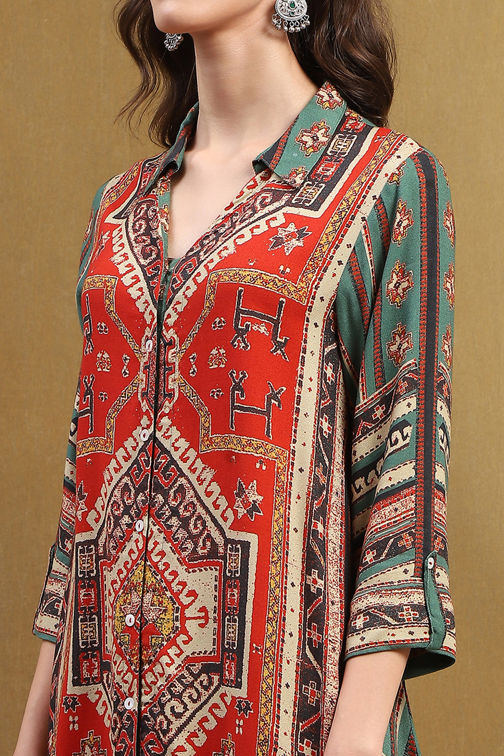 Rust and Green Block Printed Shirt Style Short Kurta image number 1