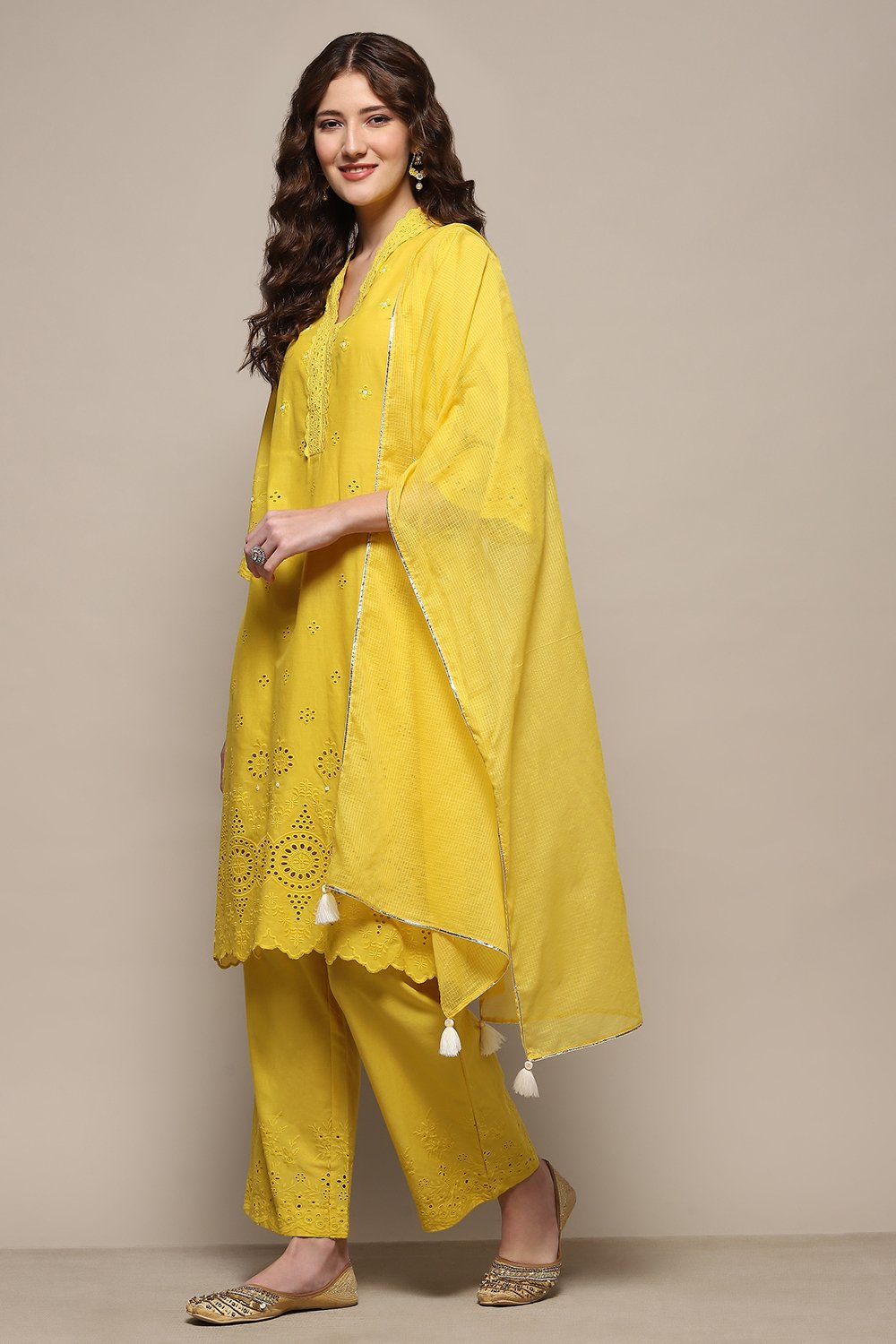 Lime Yellow Cotton Straight  Suit Set image number 4