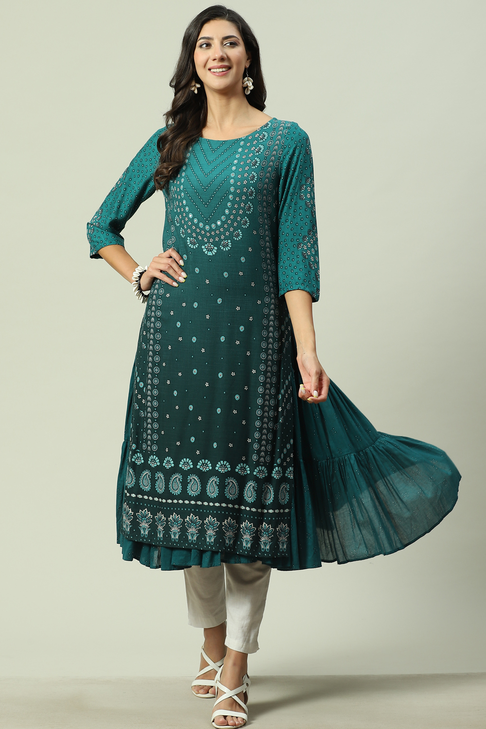 Teal LIVA Double Layered Printed Kurta image number 6