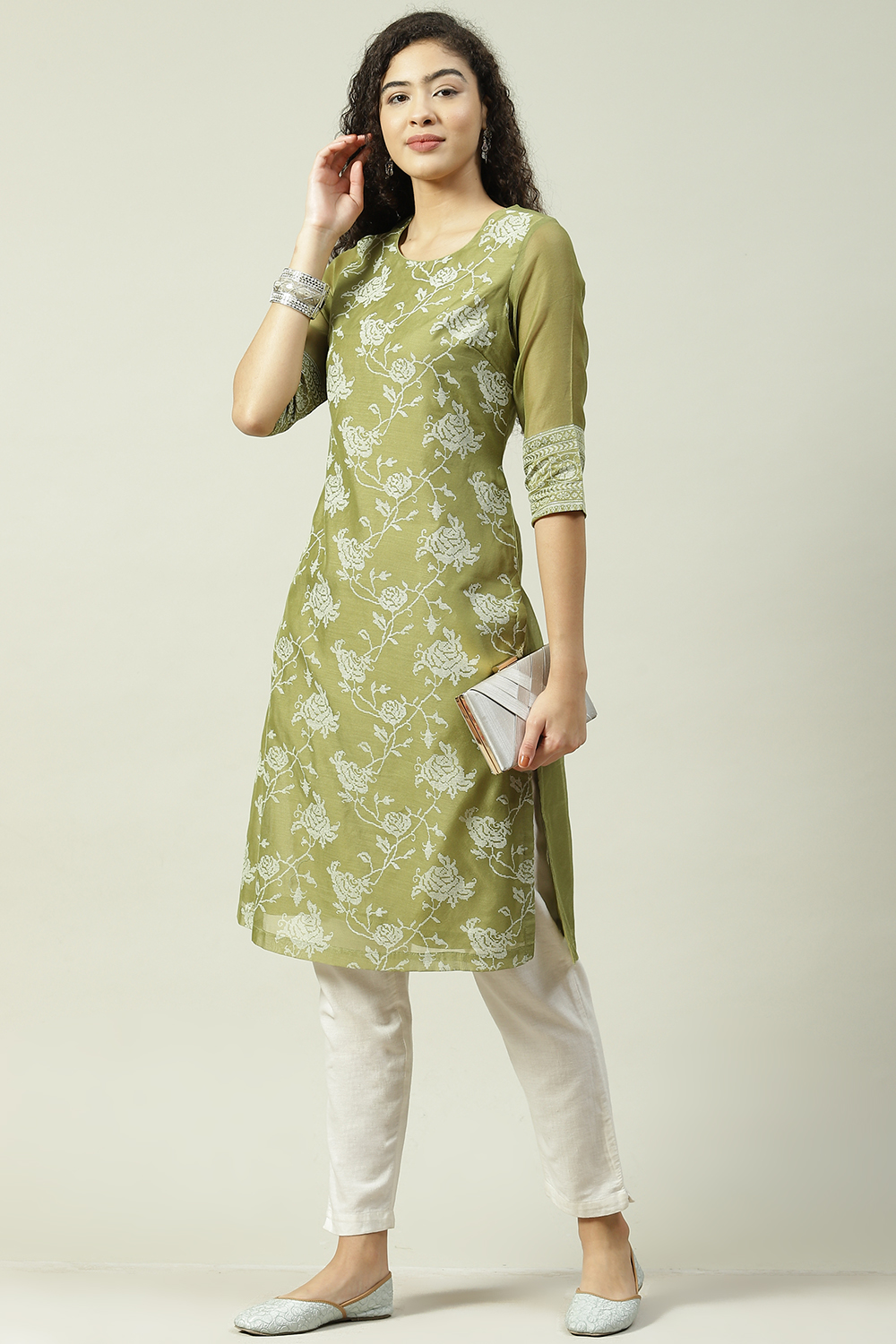 Green Art Silk Straight Printed Kurta image number 5