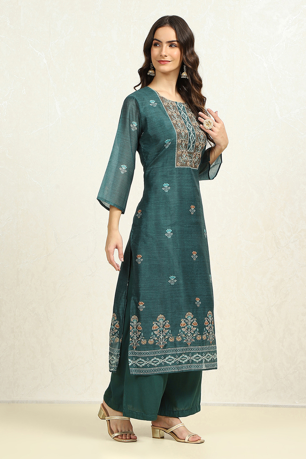 Teal Chanderi Katha Work Unstitched Suit Set image number 6