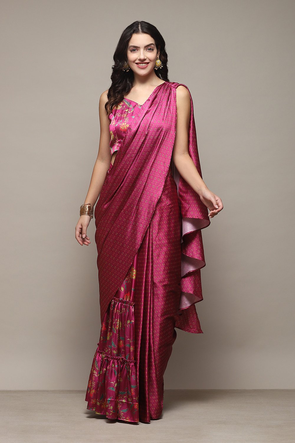 Plum Pre-Draped Saree & A Stitched Blouse With Floral Prints image number 0