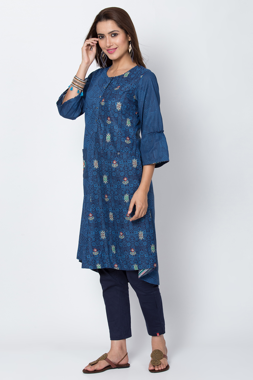 Indigo Cotton A-Line Printed Kurta image number 2