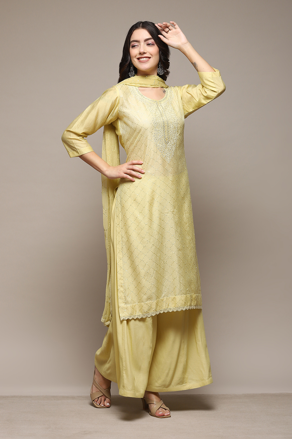 Yellow Chanderi Unstitched Suit Set image number 7