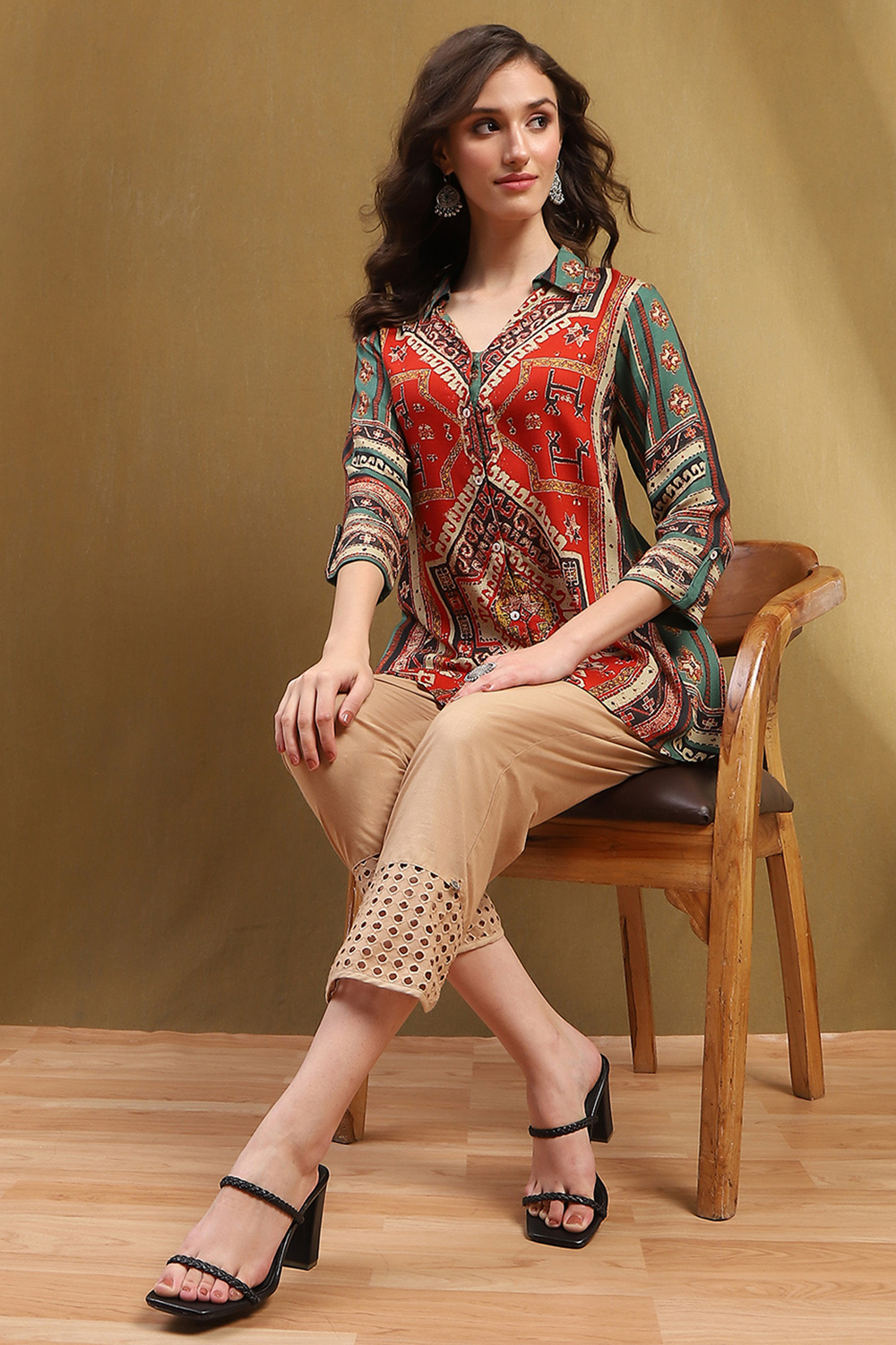 Rust and Green Block Printed Shirt Style Short Kurta image number 0