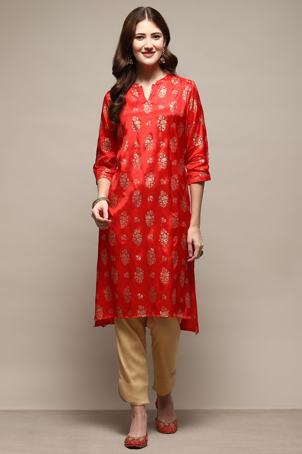 Red Rayon A-Line Printed Kurta image number 4