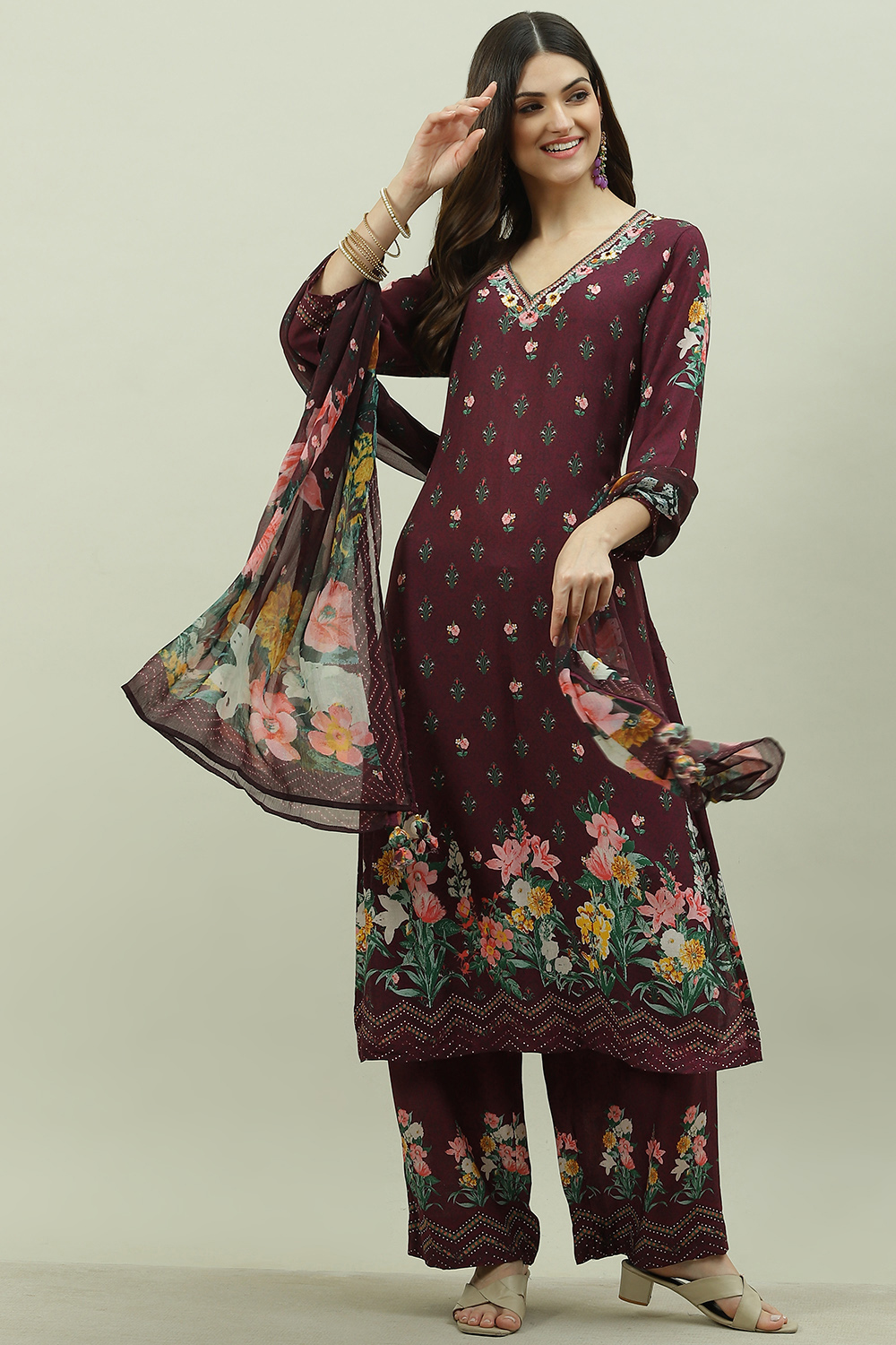 Wine Rayon Printed Straight Pant Kurta Palazzo Suit Set image number 0