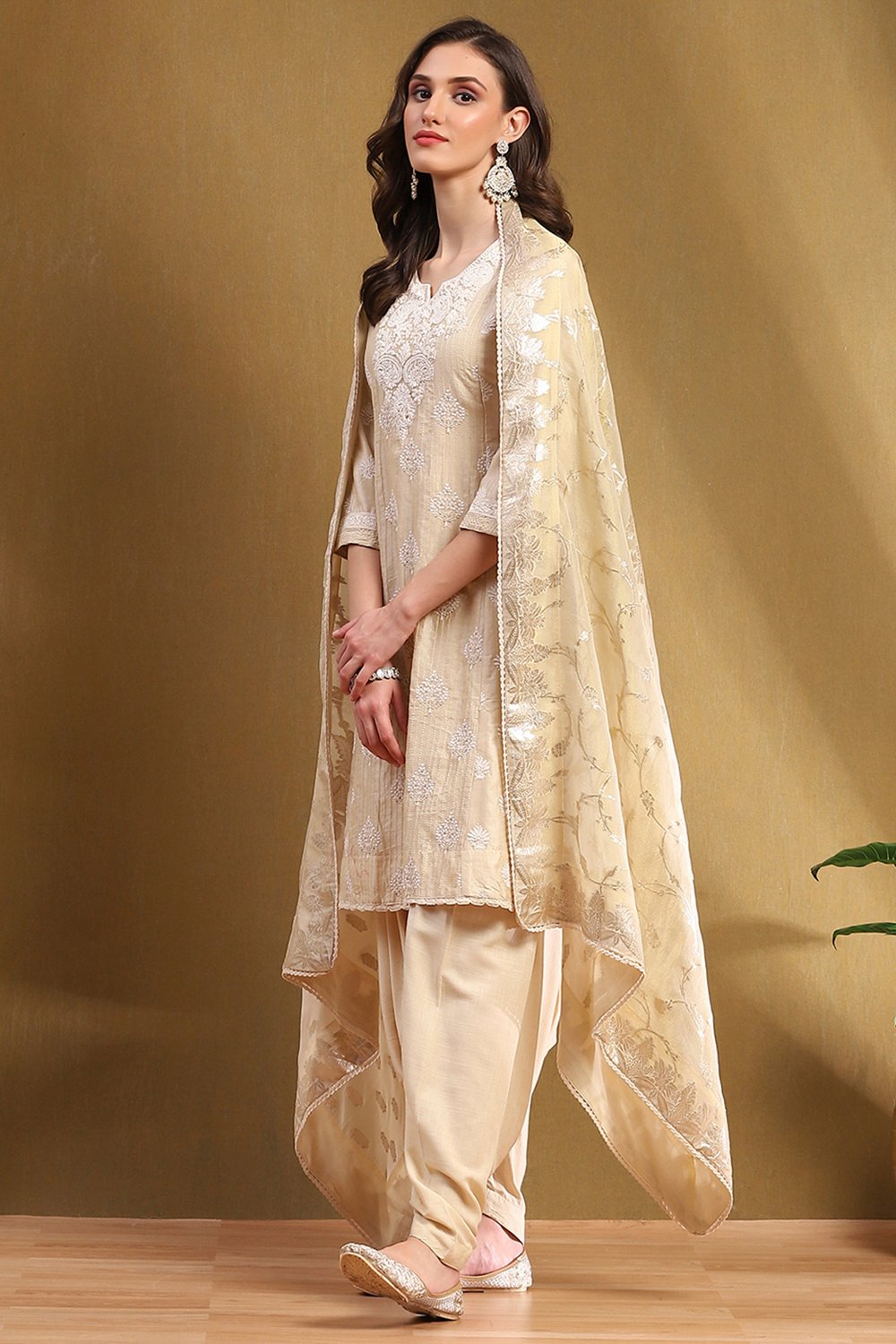 Beige Silk Chanderi Embroidered Kalidar Suit Set image number 3