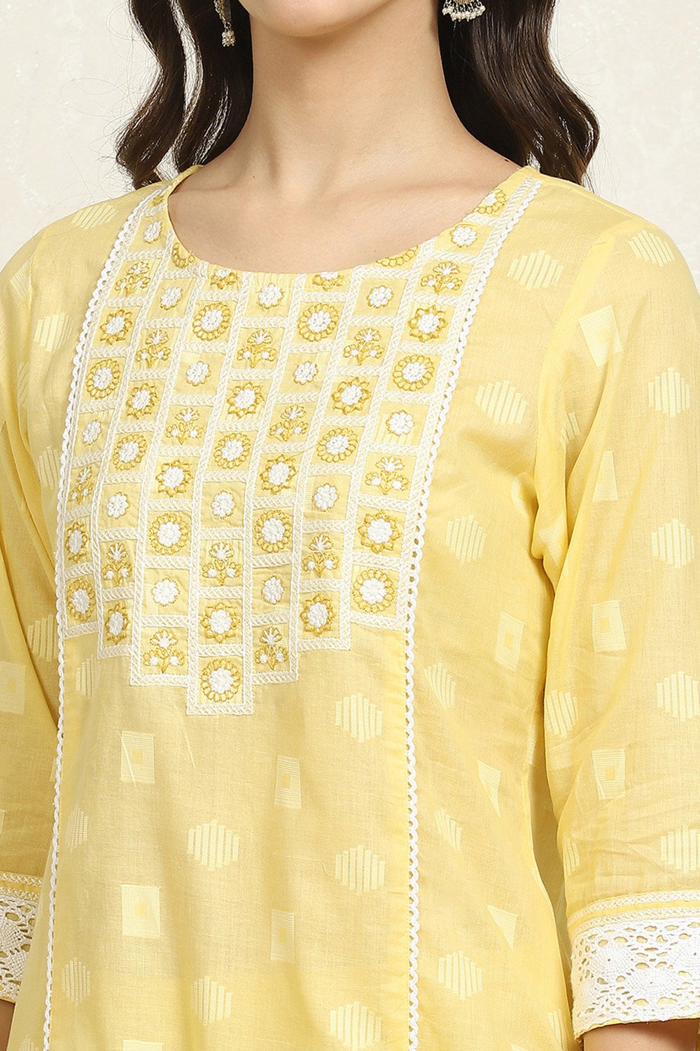 Yellow Cotton Handloom Unstitched Suit Set image number 2