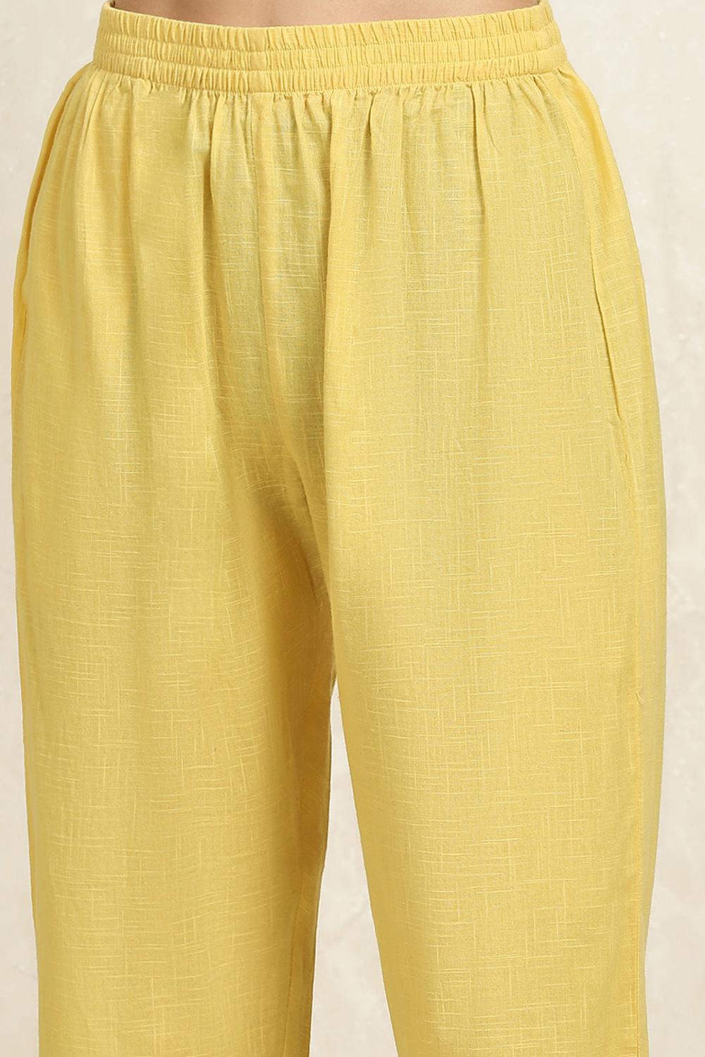 Yellow Cotton Handloom Unstitched Suit Set image number 3