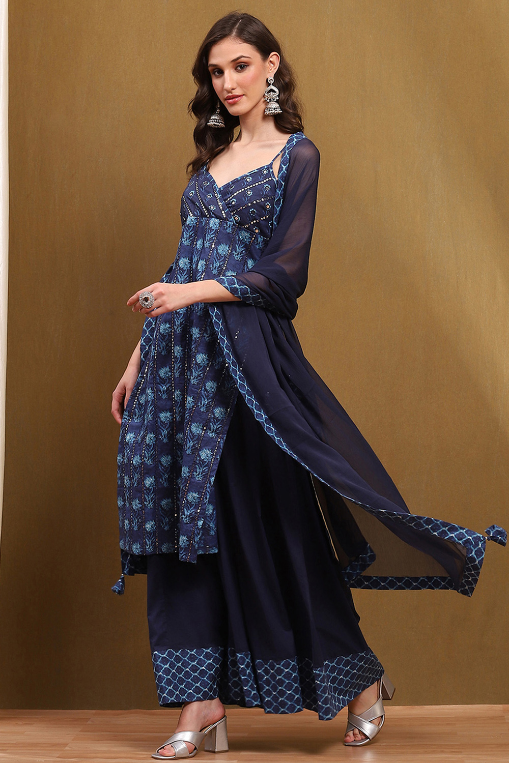 Indigo Cotton Floral Mirror Work Straight Suit Set image number 0