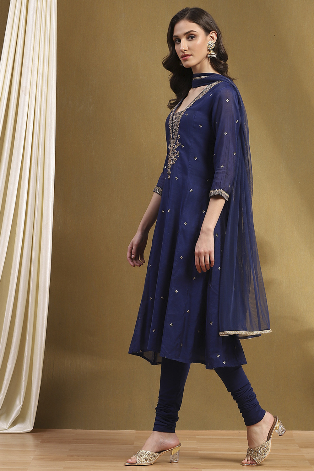 Navy Polyester Blend Kalidar Suit Set image number 3